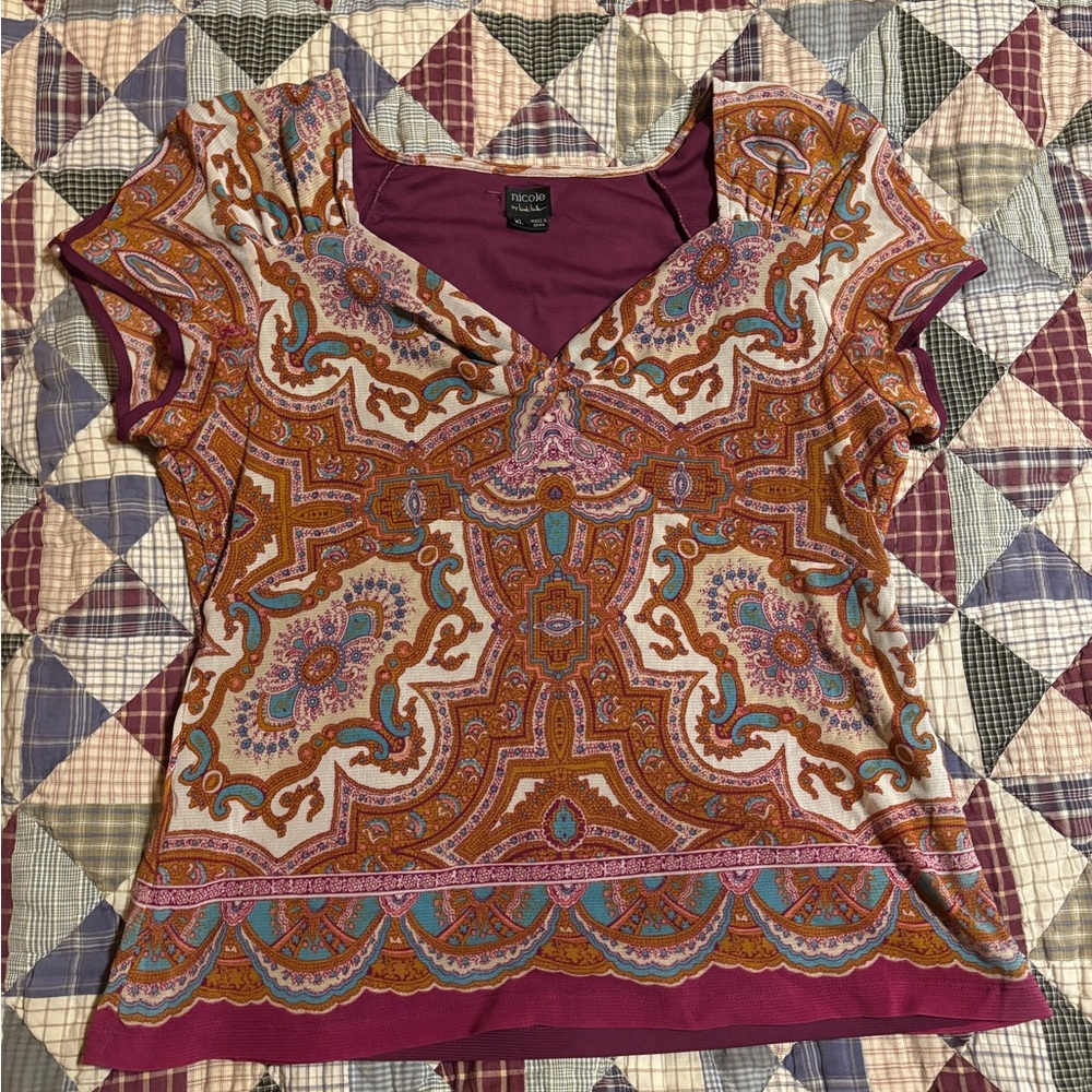 T2K Nicole Purple and Tan Paisley Blouse